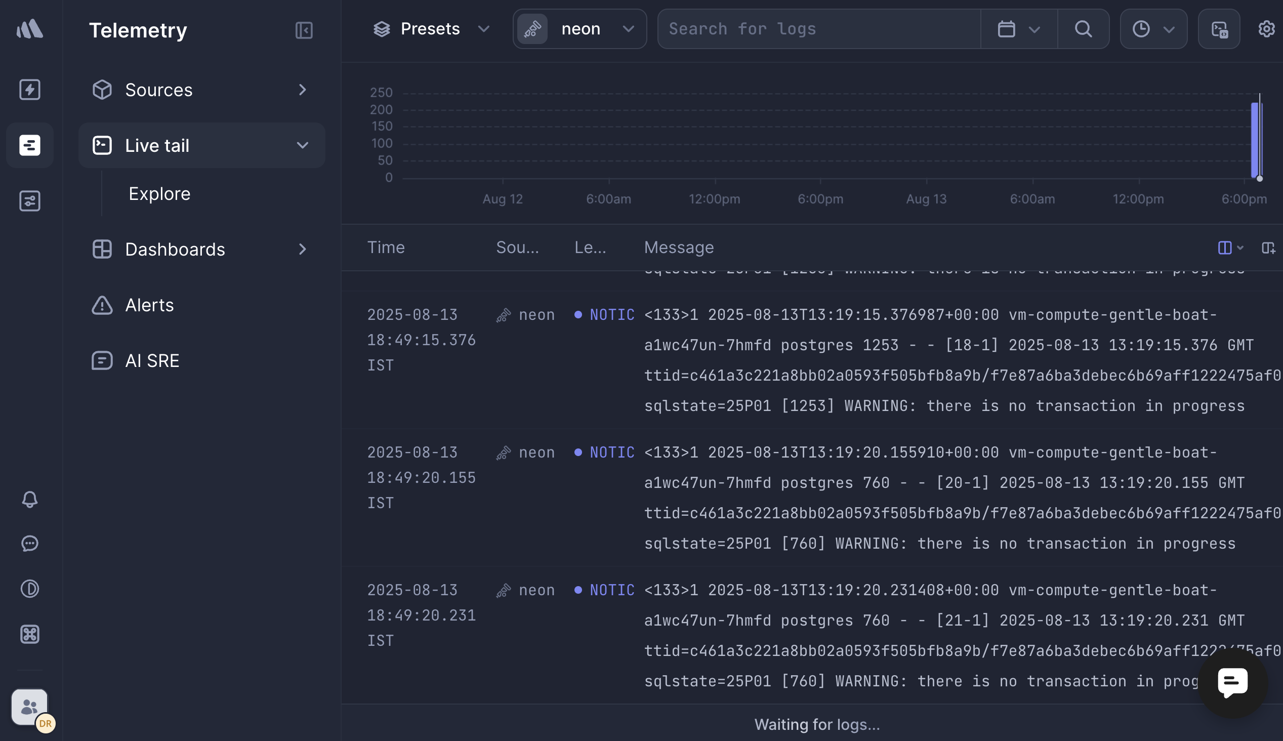 Live tail view in Better Stack showing logs from Neon